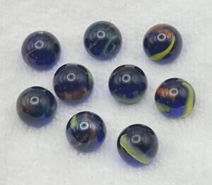 Lot of 9 Cobalt Blue Glass Marbles Yellow Green Orange Swirls Vintage Style